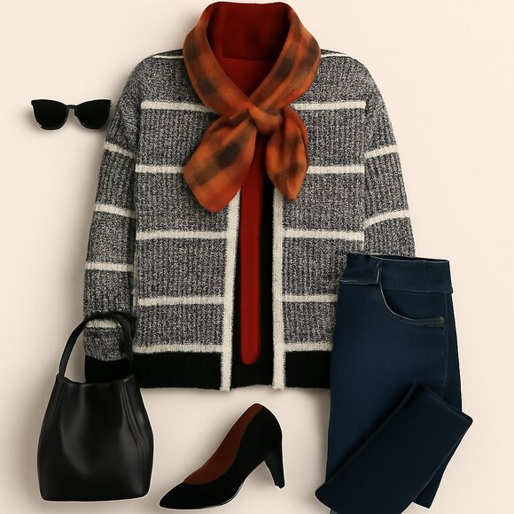 Keren Hart Vintage-Inspired Black & White Textured Cardigan - Size L - Picture 2 of 7